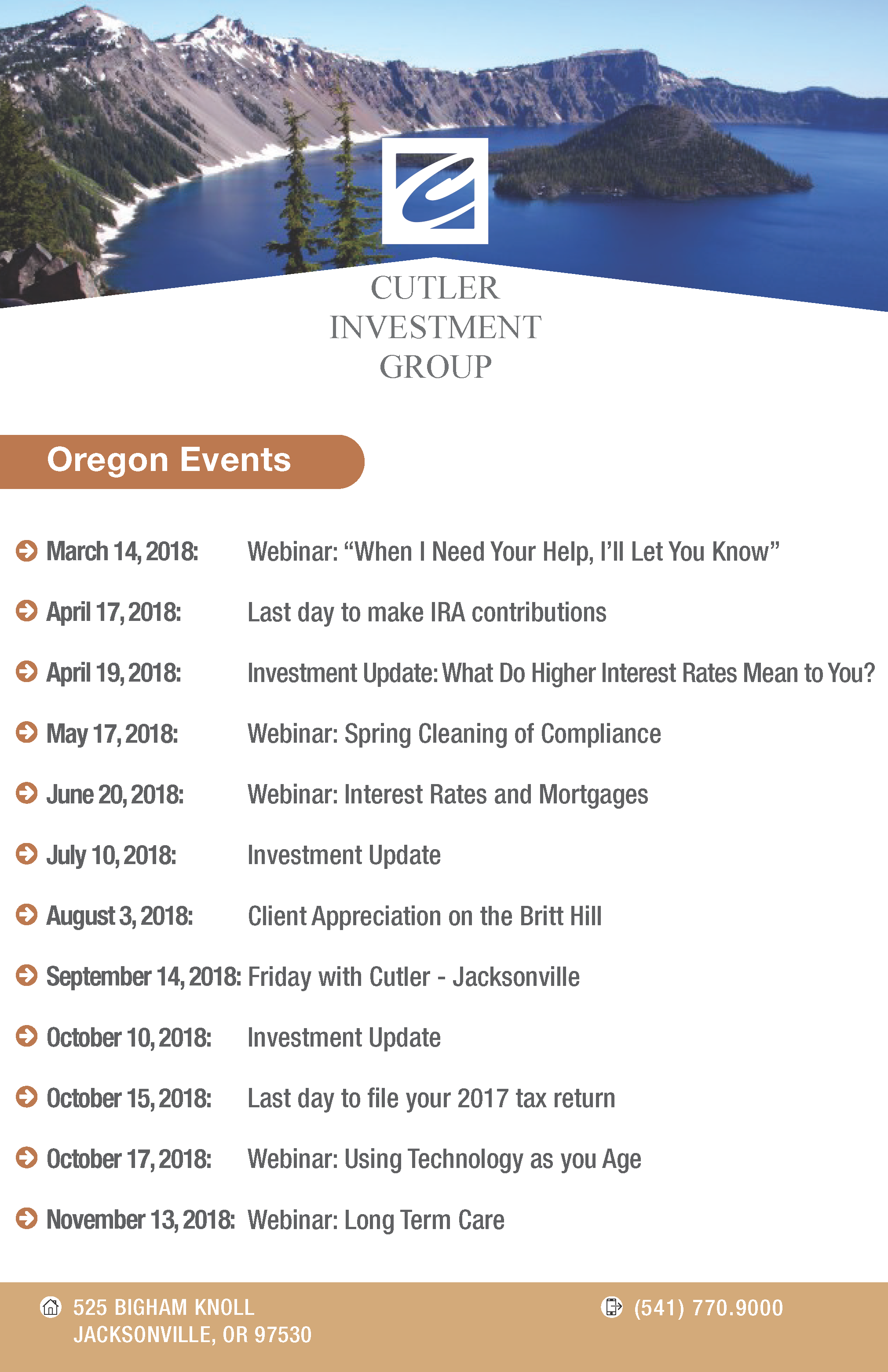 2018 Oregon Event Schedule Cutler Investment Group Cutler